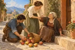 A woman steadies an older neighbor while a passerby gathers apples from a fallen basket.
