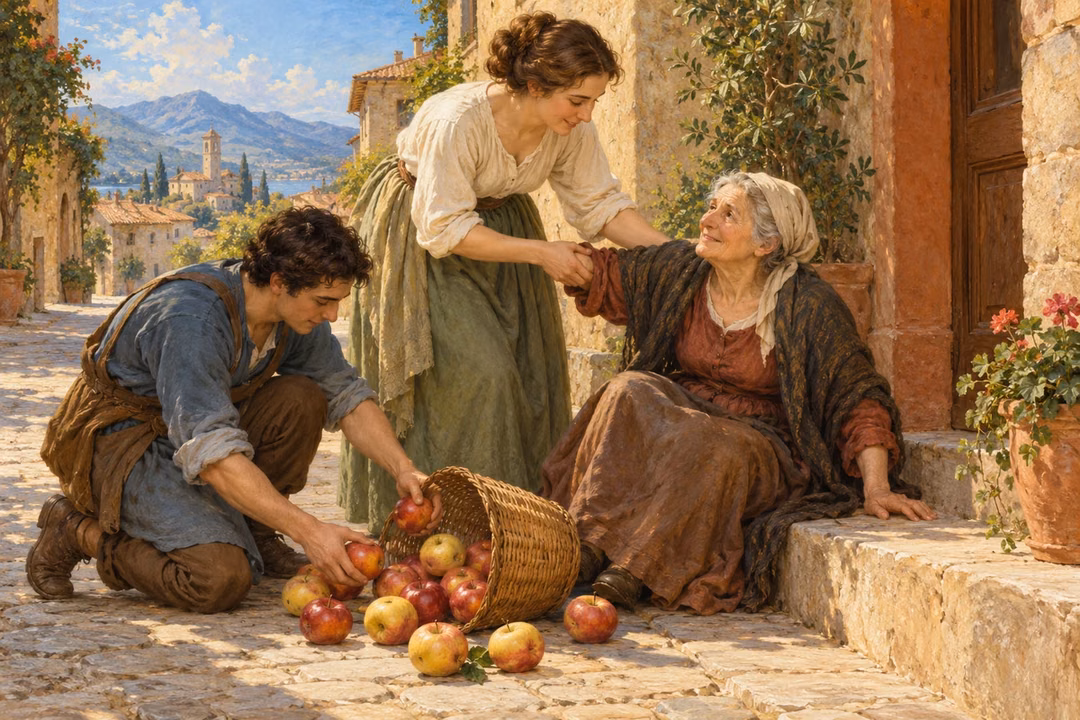 A woman steadies an older neighbor while a passerby gathers apples from a fallen basket.