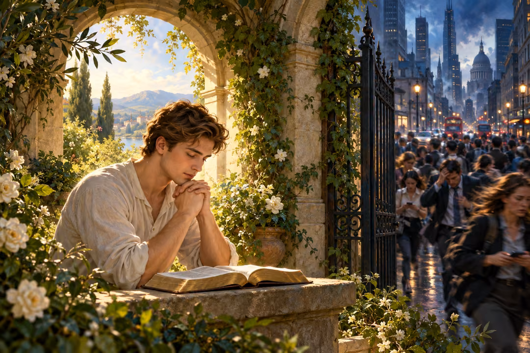 A young man prays beside an open Bible at a garden entrance overlooking a busy city.