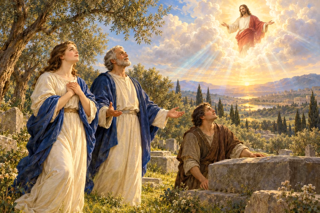 Renewed believers beside stone tombs look toward Jesus in luminous clouds, expressing victory over death.