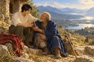 A young man offers water and companionship to a weary elderly traveler.