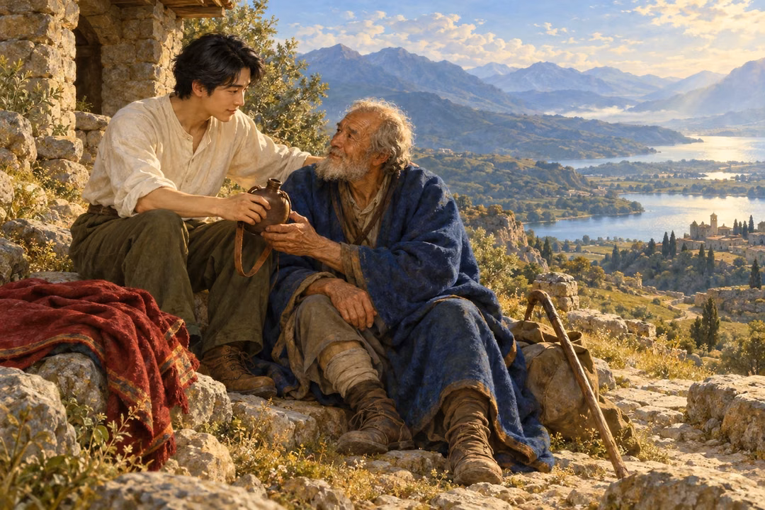 A young man offers water and companionship to a weary elderly traveler.