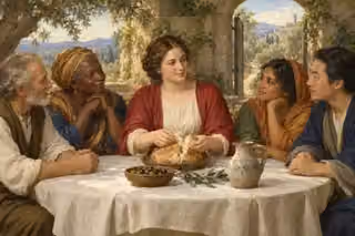 Neighbors share bread around a garden table beneath an open stone gate.