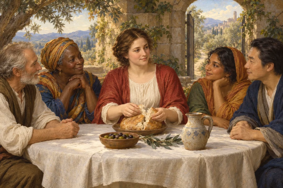 Neighbors share bread around a garden table beneath an open stone gate.