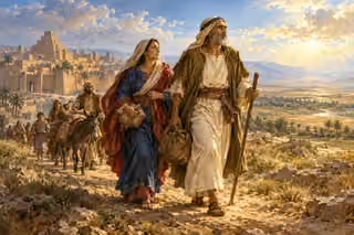 Abraham and Sarah lead a small loaded caravan away from the ancient city of Ur toward a luminous open landscape.