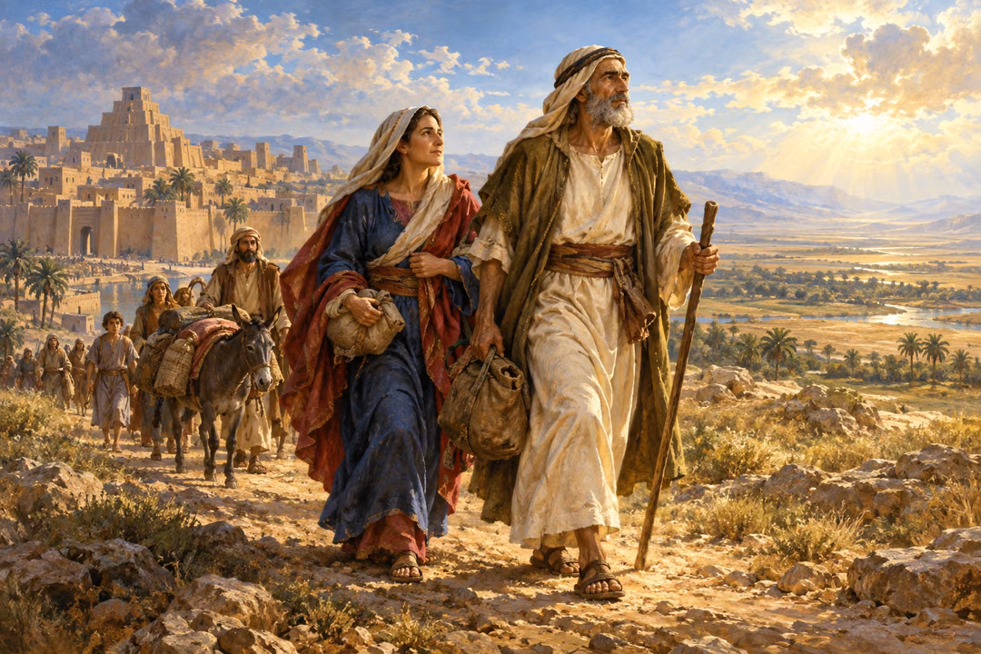 Abraham and Sarah lead a small loaded caravan away from the ancient city of Ur toward a luminous open landscape.