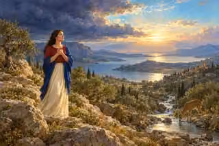 A woman watches morning light emerge beyond a storm-dark valley as a deer drinks from a brook, evoking enduring hope.