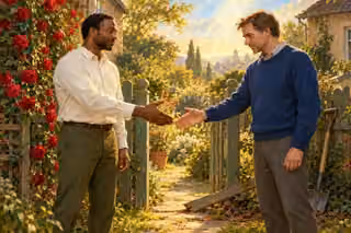 Two contemporary neighbors extend their hands toward reconciliation at an open garden gate, beside a fallen fence slat, a spade and crimson roses in warm light.