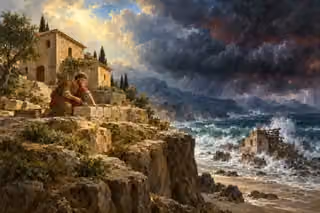 A builder strengthens a house on solid rock while storm waves batter a ruined house below.