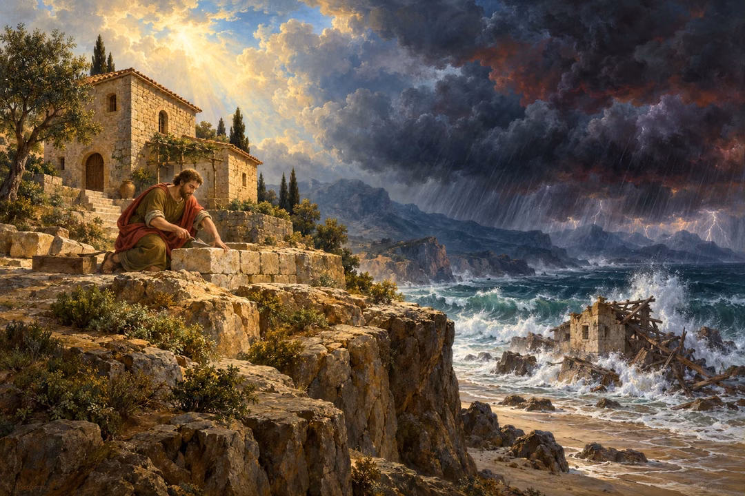 A builder strengthens a house on solid rock while storm waves batter a ruined house below.