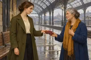 Raphael-inspired oil painting of a young woman returning a crimson wallet to an older woman on a rainy railway platform beneath an iron-and-glass roof.