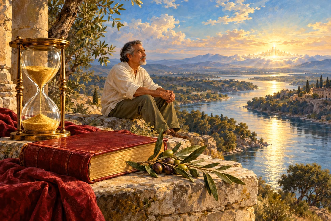 A Latino man reflects beside an hourglass as a luminous river flows toward the horizon.