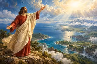 Christ stands on a rocky height in crimson and ivory, extending his arms beneath radiant clouds above a vast sea and newly formed mountains.