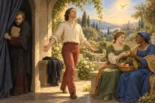 A guarded man hides behind a curtain and book while another steps into the Spirit's light and two women freely share fruit.
