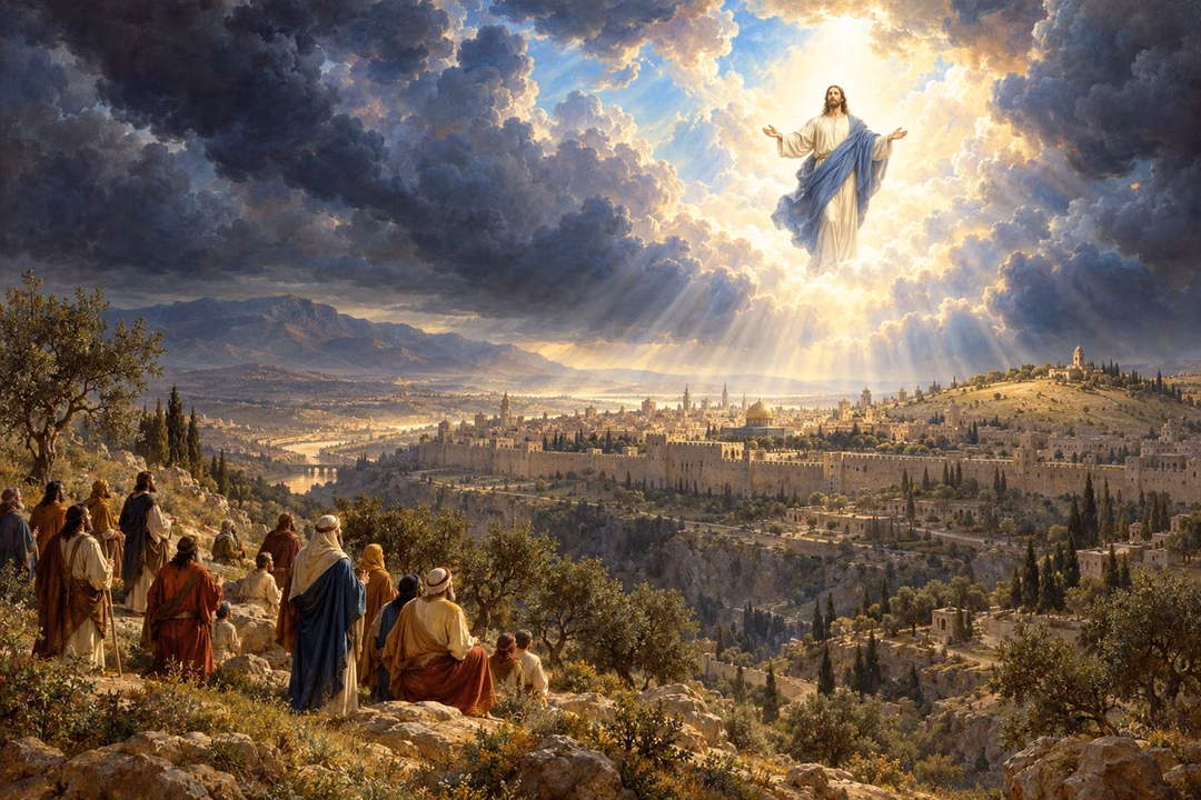 Jesus appears in radiant clouds above Jerusalem as people on an olive-covered ridge look up in hope.