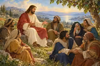 Painting of Jesus teaching an attentive group on a Galilean hillside, where one woman comforts another and two listeners clasp hands in peace.