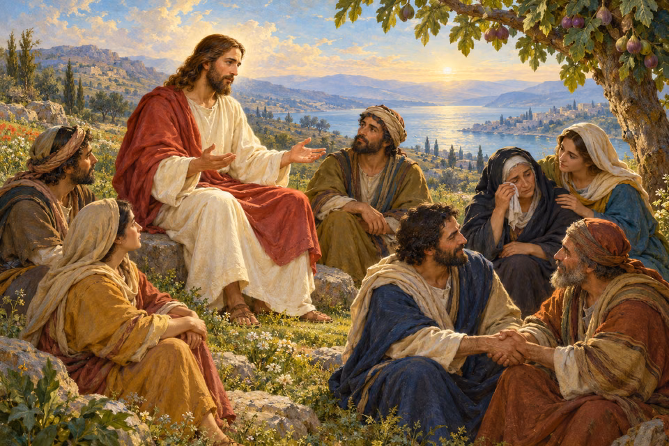 Painting of Jesus teaching an attentive group on a Galilean hillside, where one woman comforts another and two listeners clasp hands in peace.