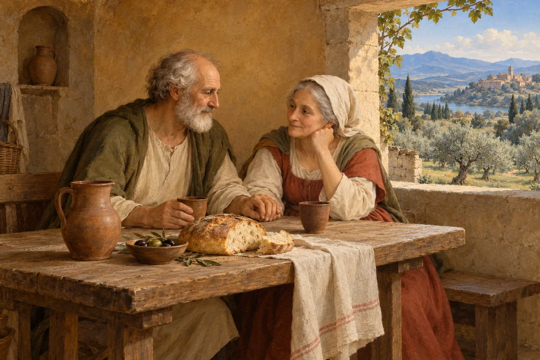A contented elderly couple shares a simple meal of bread and olives in a quiet cottage overlooking an orchard.