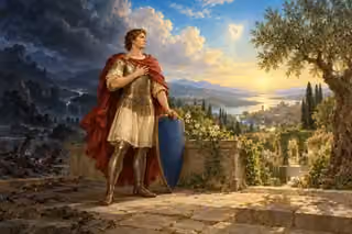 An allegorical pilgrim with a plain shield of faith faces a radiant garden as dark clouds recede.