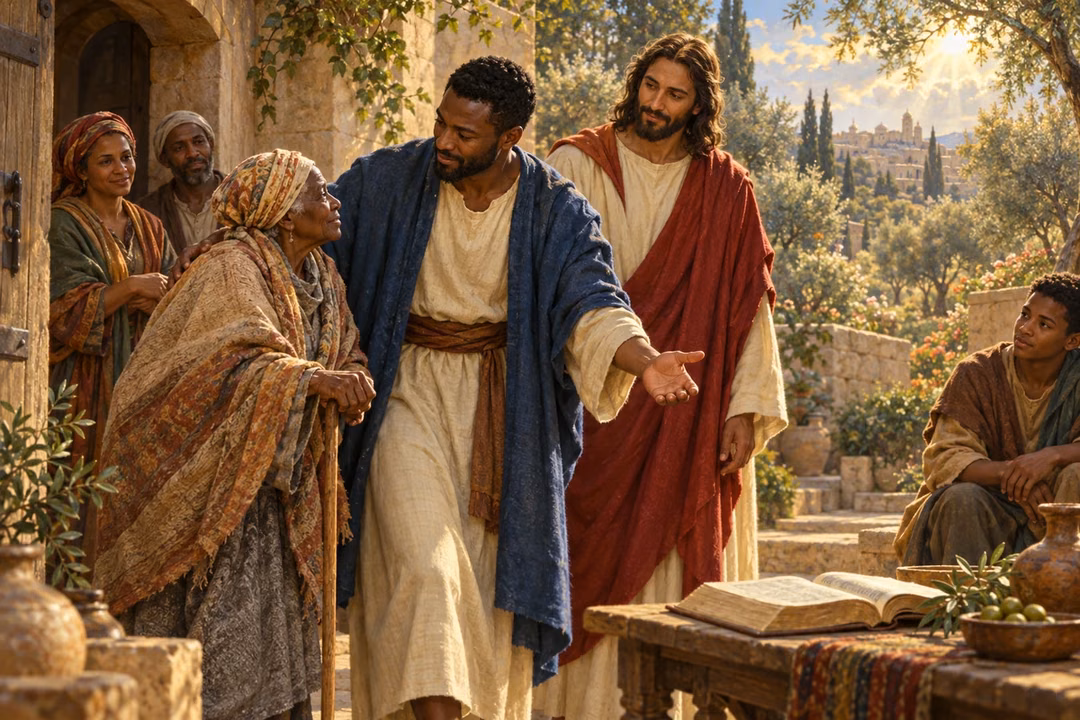 A man welcomes an elderly neighbor as Jesus stands quietly beside them.