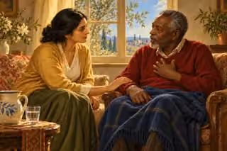 A woman listens closely to an elderly neighbor, offering reassurance beside a pitcher of water.