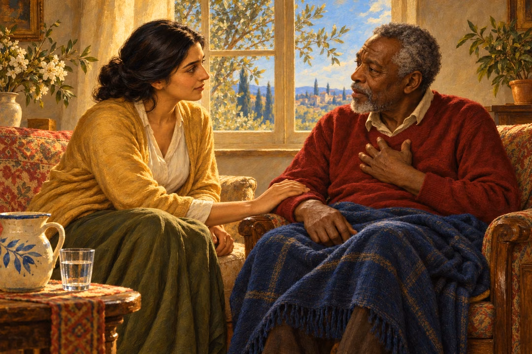 A woman listens closely to an elderly neighbor, offering reassurance beside a pitcher of water.