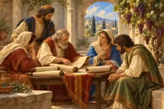 Berean readers compare Scripture scrolls beneath a fruitful vine in a sunlit courtyard.