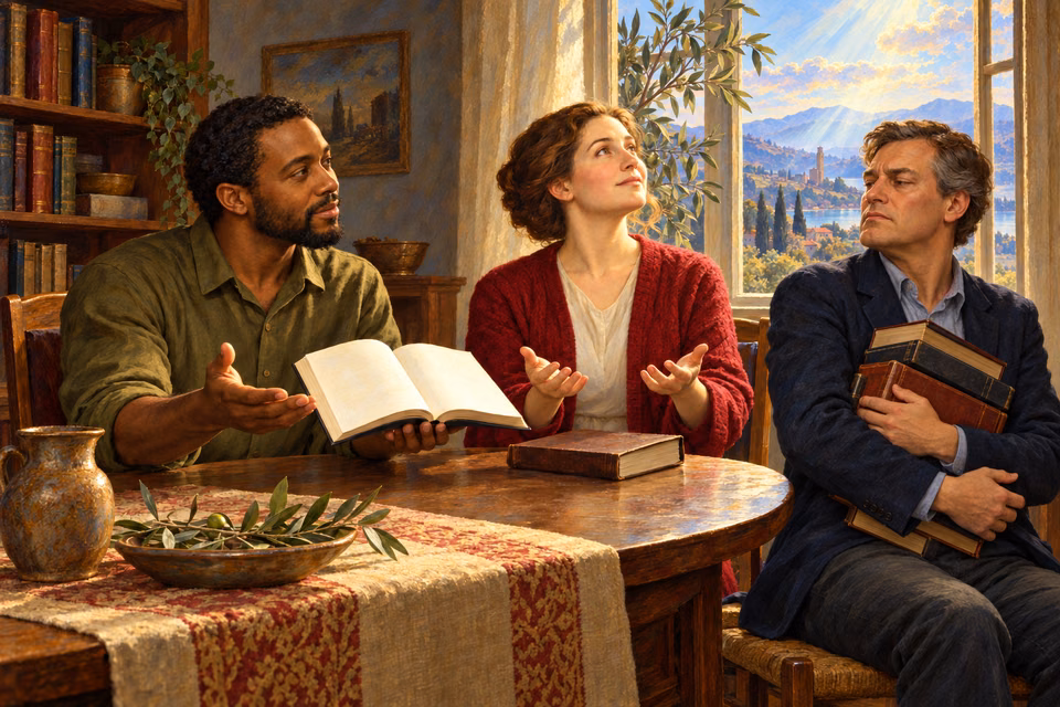A patient man offers an open unmarked book as one listener guards his closed books and another opens her hands toward spiritual light.