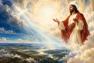 Christ raises open hands in a luminous cloud sanctuary beside nonfigurative light, as a dove and blue-white rays shine toward the earth below.