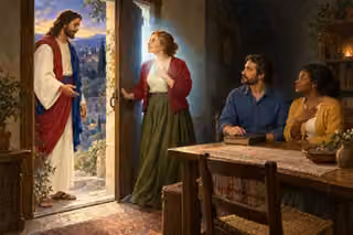 A woman opens her door to Christ as pearl-colored spiritual light surrounds her heart and two companions listen humbly.
