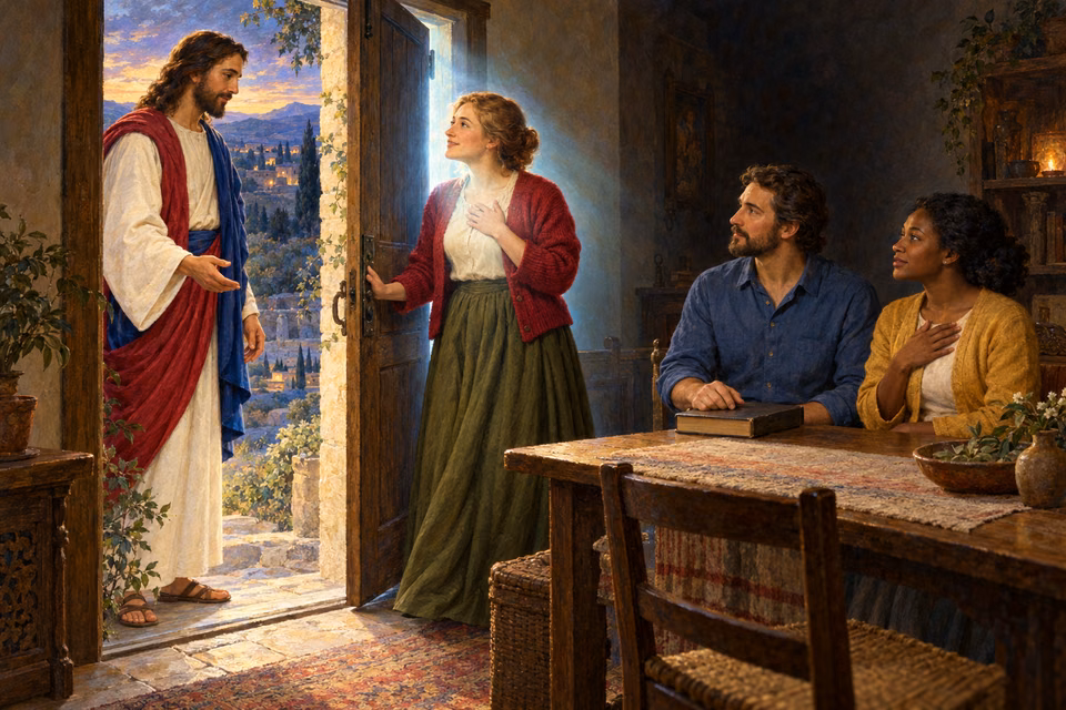 A woman opens her door to Christ as pearl-colored spiritual light surrounds her heart and two companions listen humbly.