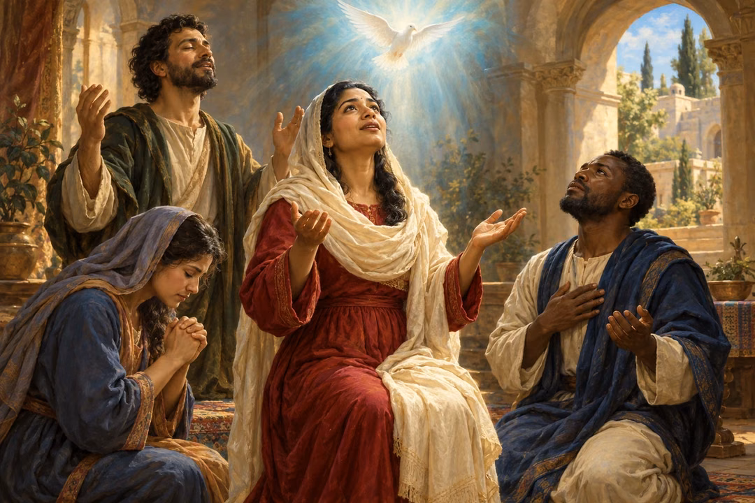 Believers pray beneath a luminous dove in a peaceful room.