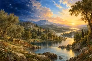 Creation dawn illuminates a river, fertile hills, birds, and grazing animals beneath a luminous sky.