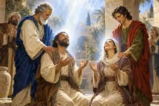 Peter and John rest their hands on the shoulders of two kneeling Samaritan believers who lift open hands and joyful faces into luminous white-blue light.