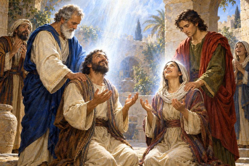Peter and John rest their hands on the shoulders of two kneeling Samaritan believers who lift open hands and joyful faces into luminous white-blue light.