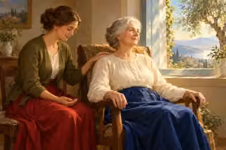 A younger woman rests a hand on an older woman’s shoulder in prayer beside a sunlit window.