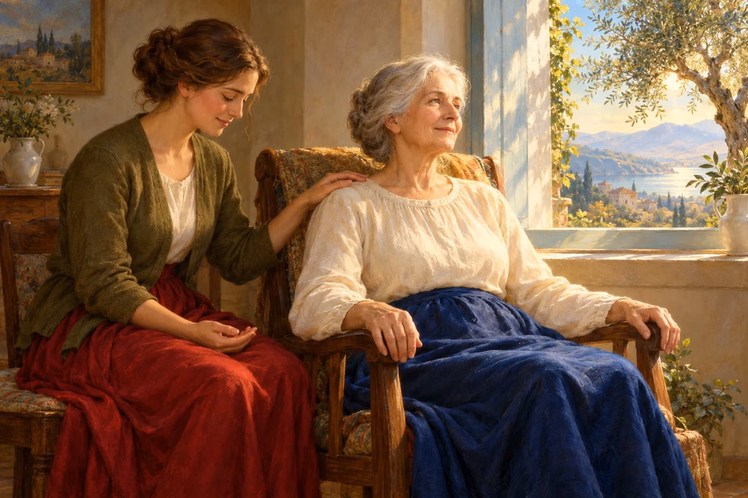A younger woman rests a hand on an older woman’s shoulder in prayer beside a sunlit window.