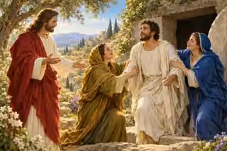 Mary and Martha welcome Lazarus back to life as Jesus stands beside them.