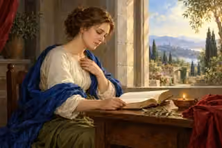 A woman studies quietly beside a window in soft heavenly light.