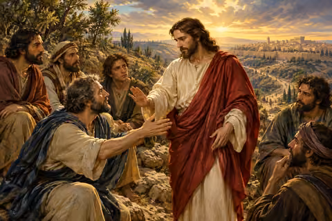 Jesus speaks earnestly to Peter on a hillside while the other disciples listen.