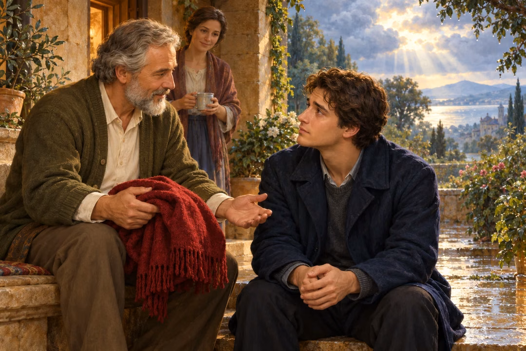 An elder offers a blanket and gentle encouragement to a discouraged young man.