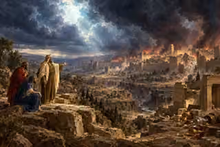 Zephaniah gestures toward a burning fortified city beneath immense dark clouds as two listeners watch; discarded gold and silver vessels lie beside a ruined gateway.