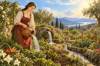 A woman waters a flourishing garden beside a spring flowing through olive trees.