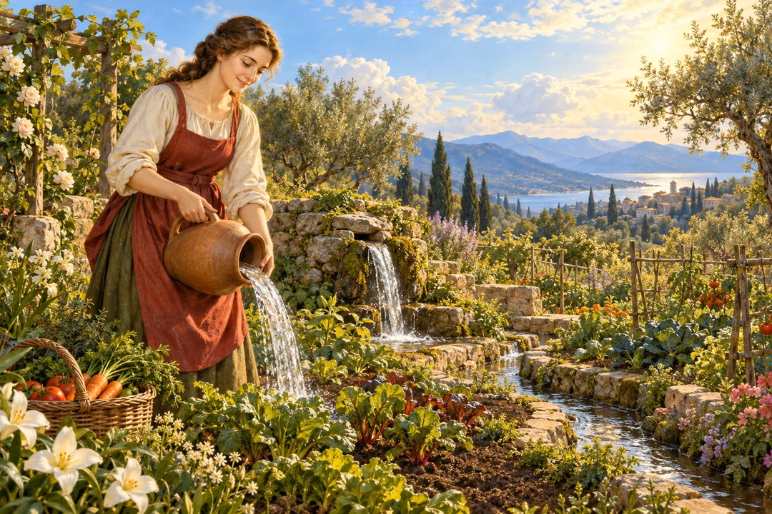 A woman waters a flourishing garden beside a spring flowing through olive trees.