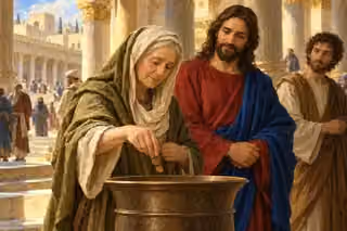 Jesus watches a poor widow give two coins in the temple courtyard.