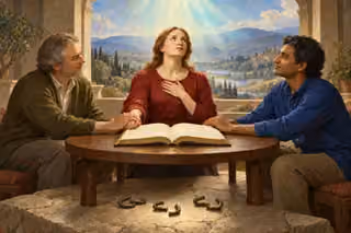 Three readers listen humbly to radiant spiritual guidance over an unmarked open book, reaching toward one another in renewed fellowship.