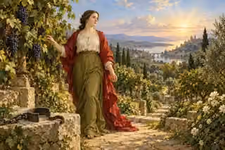 A woman walks freely through a fruitful vineyard beside an opened fetter.