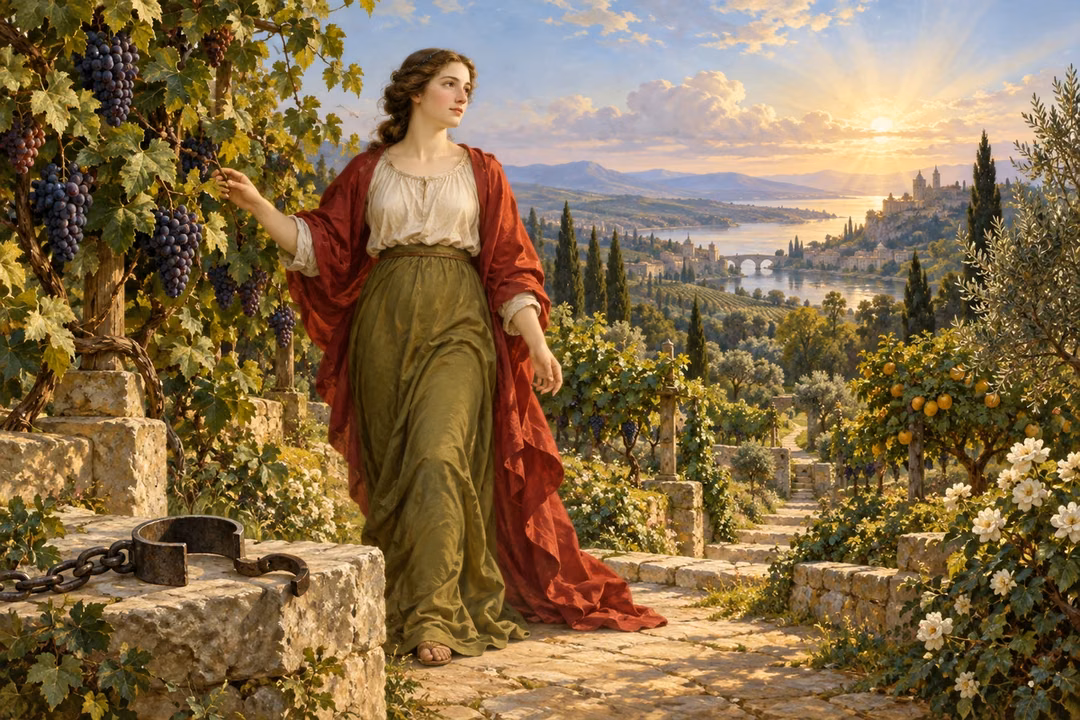 A woman walks freely through a fruitful vineyard beside an opened fetter.