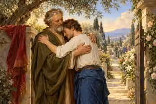 Two men reconcile at a garden gate with an openhearted embrace.