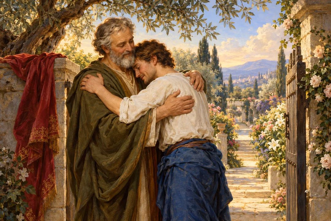 Two men reconcile at a garden gate with an openhearted embrace.